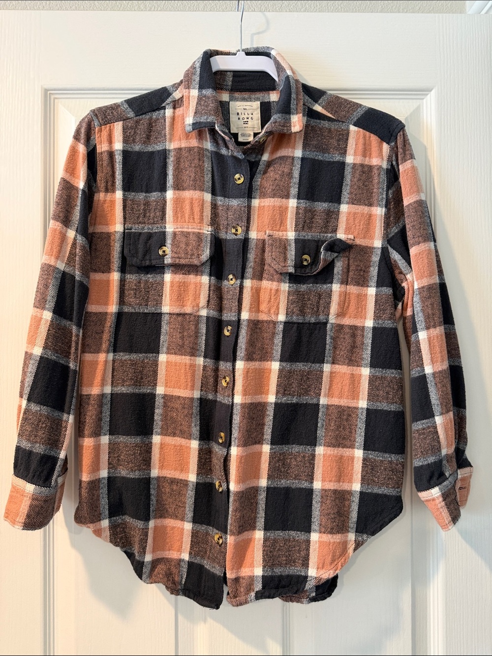 Billabong Peach and Black Plaid Lightweight Flannel Button-Down